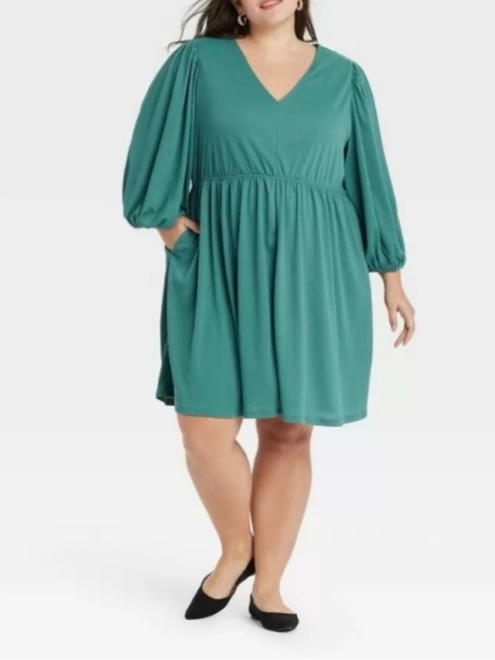 Ava & Viv Teal V-Neck Puff Sleeve Mini Dress